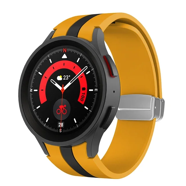 Силиконовый ремешок Cls-way для Samsung Galaxy Watch 4 / 4 Classic / 5 / 5 Pro / 6 / 6 Classic / 7 / FE - желто-горчично-черный